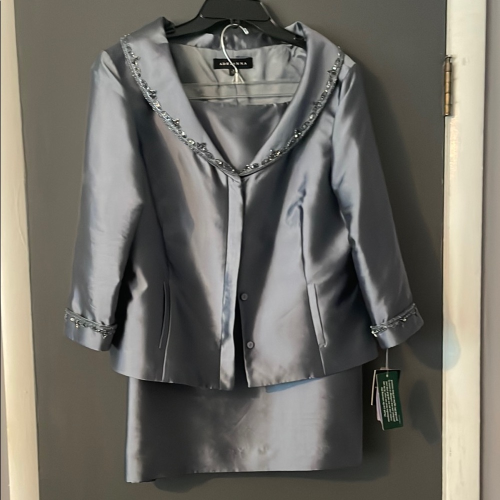 Elegant Silver Two-Piece Suit with Beaded Trim